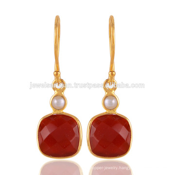 Red Onyx & Pearl 18K Yellow Gold Vermeil 925 Sterling Silver Wedding Jewelry